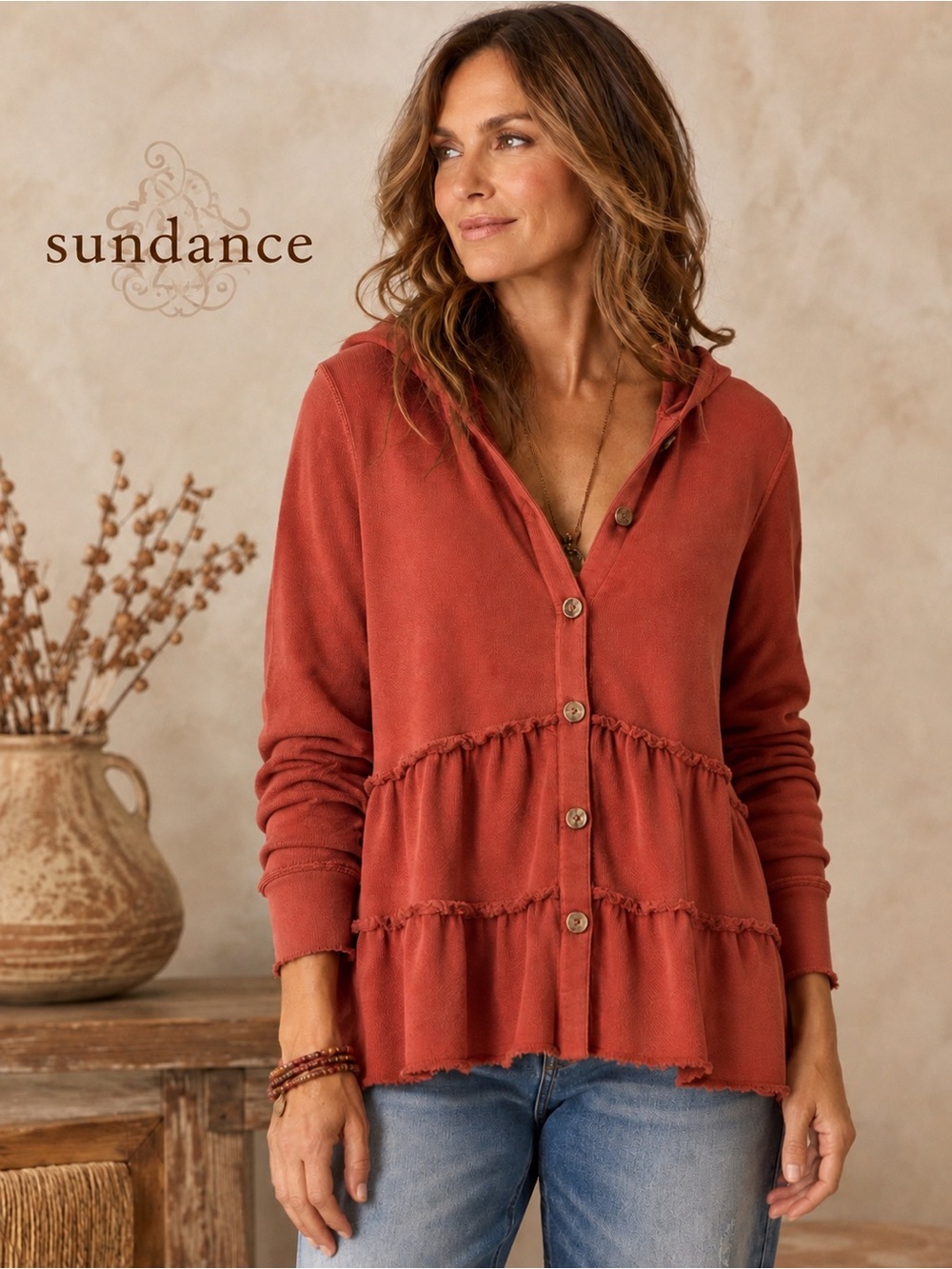Sundance Tiered Button Front Hooded Sweatshirt Rust Coral Raw Edge Women’s L Est